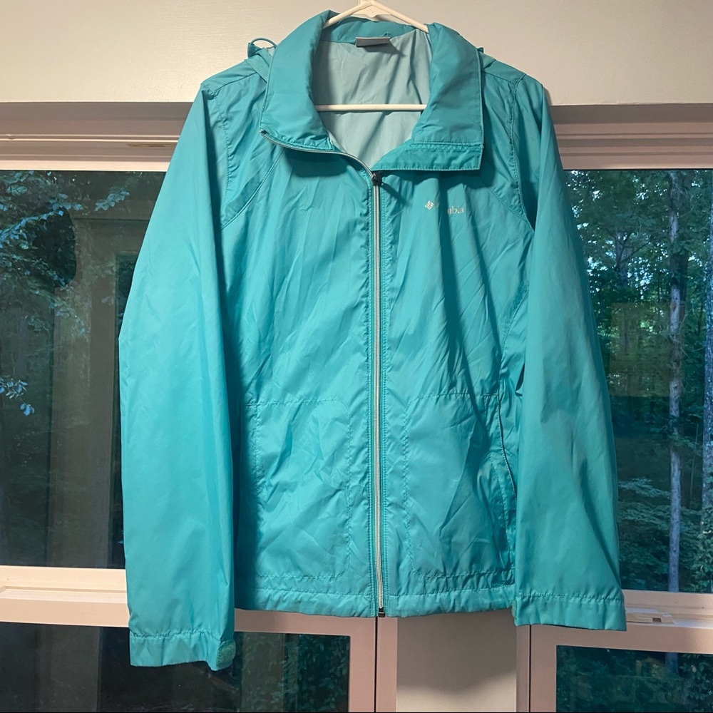 Teal Hooded Columbia Raincoat - Picture 1 of 6